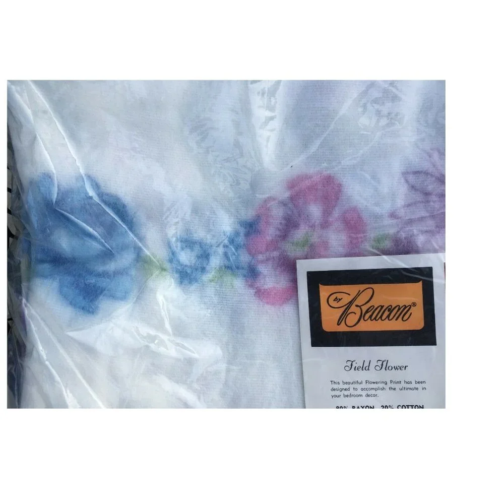 Vintage BEACON Blanket 1960's Pink & Blue Floral Flowers Shabby Retro  72 x 90
